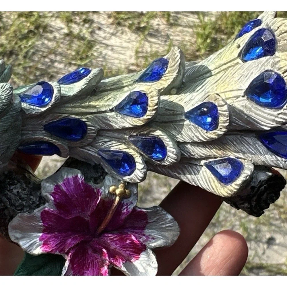 Peacock Figurine Resin Bird Statue Blue Jewel Tail Floral Branch Decor 5.5